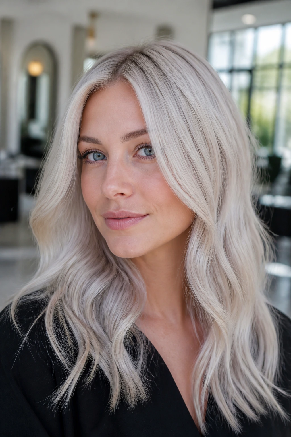 Portrait of a real person with frosted babylights on platinum hair.