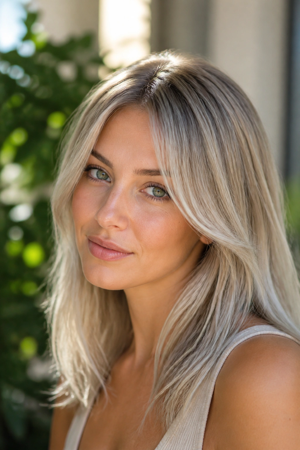 Close-up portrait of a real person with frosted babylights silver blonde hair