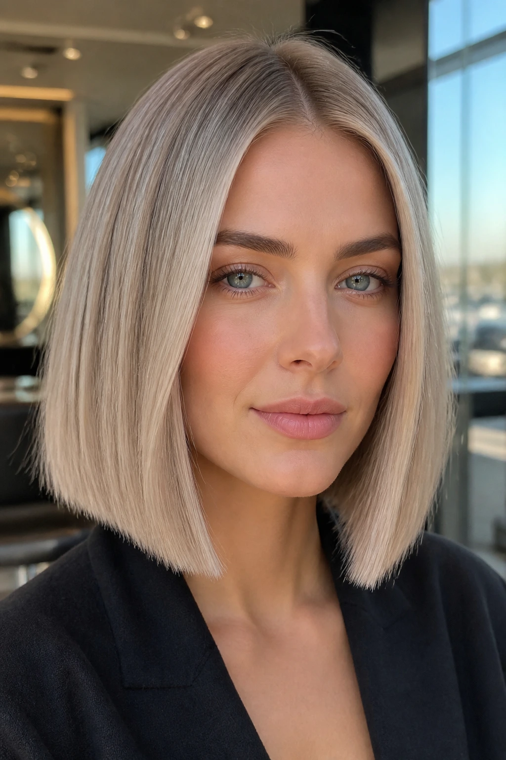 Close-up of a person with a sharp lob and frosted beige blonde under natural light
