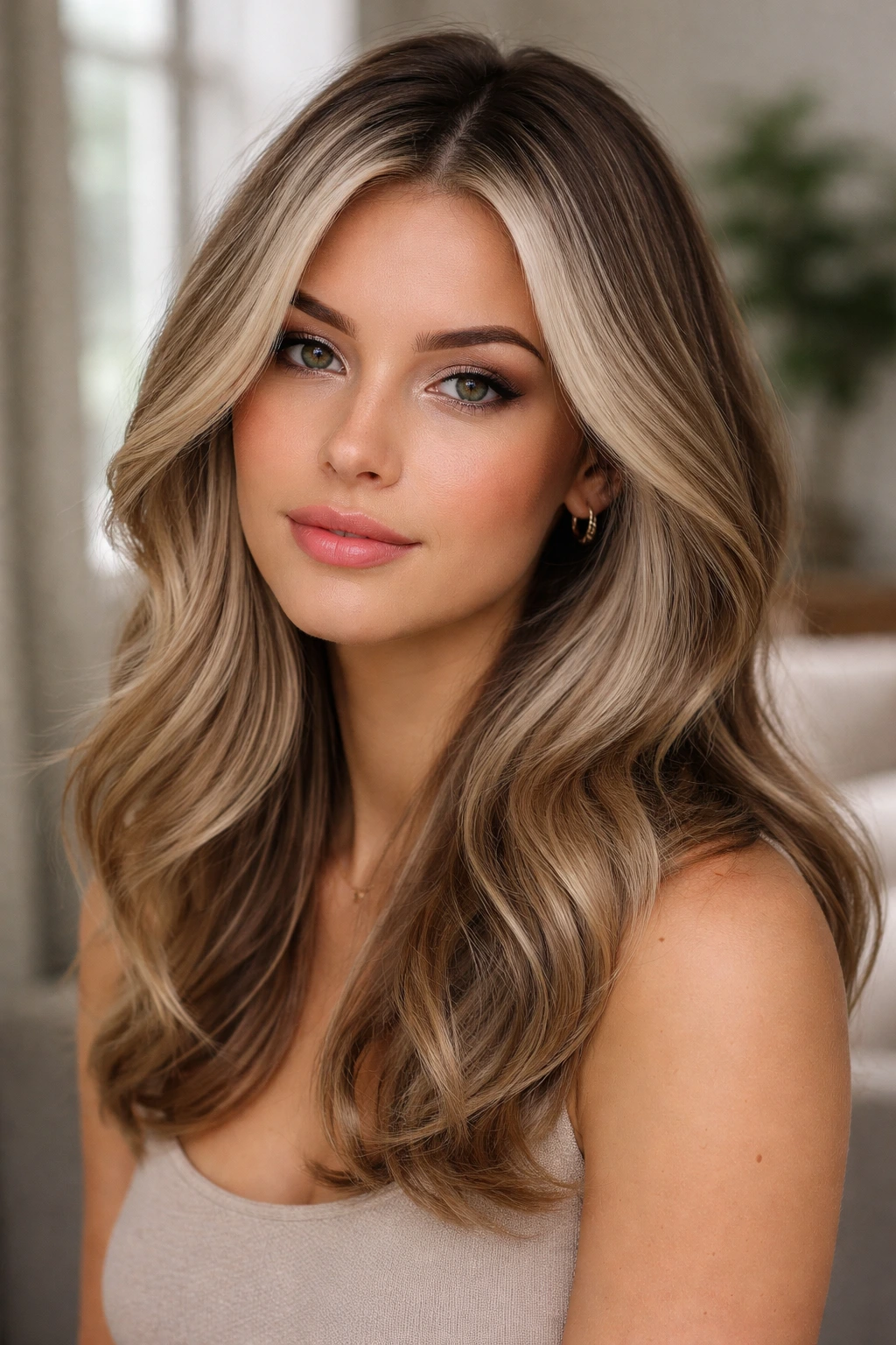Close-up portrait of a real person with frosted beige dimension hair highlighting crown and face-framing pieces.