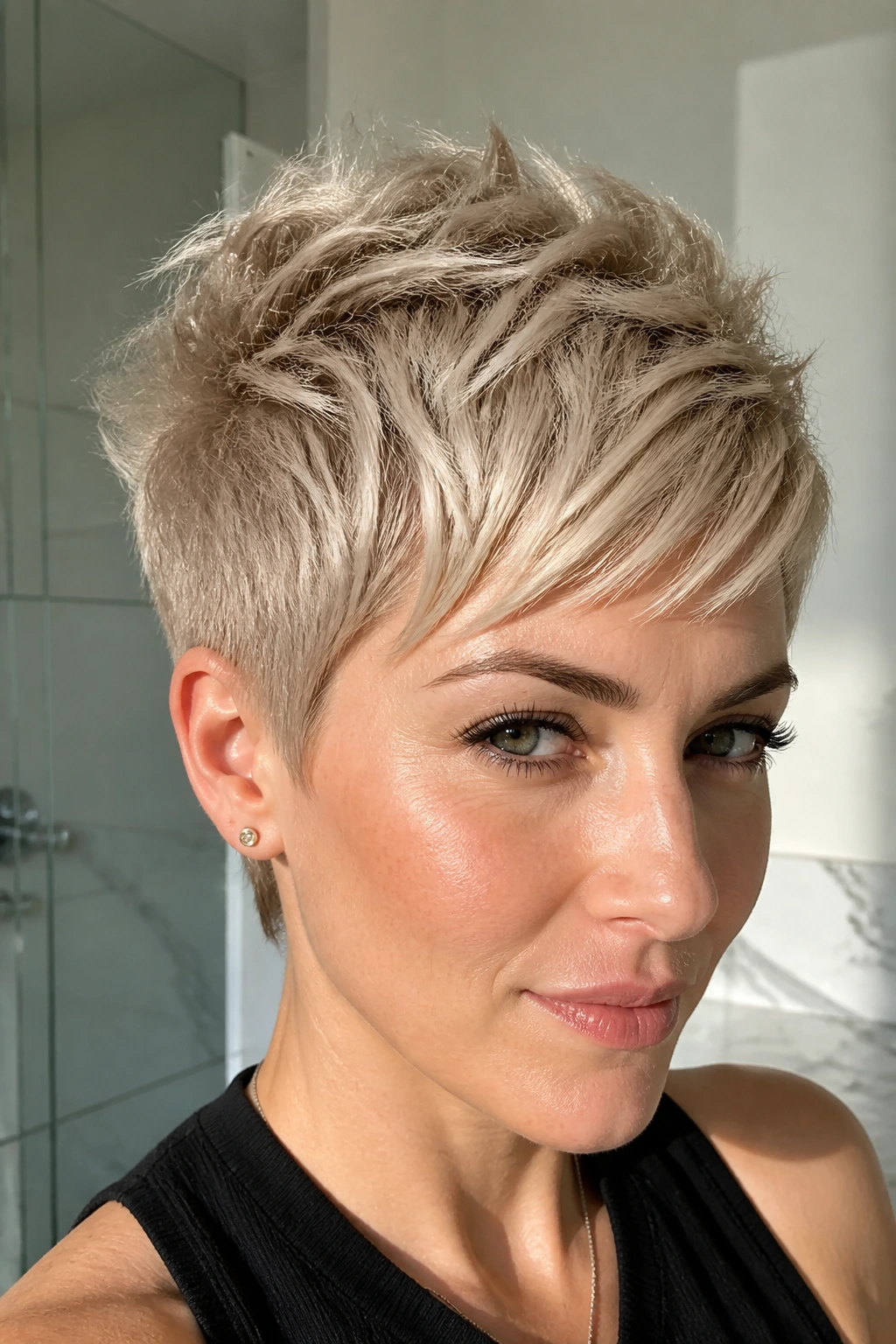 Close-up portrait of a real woman with a frosted beige blonde pixie under bright natural light