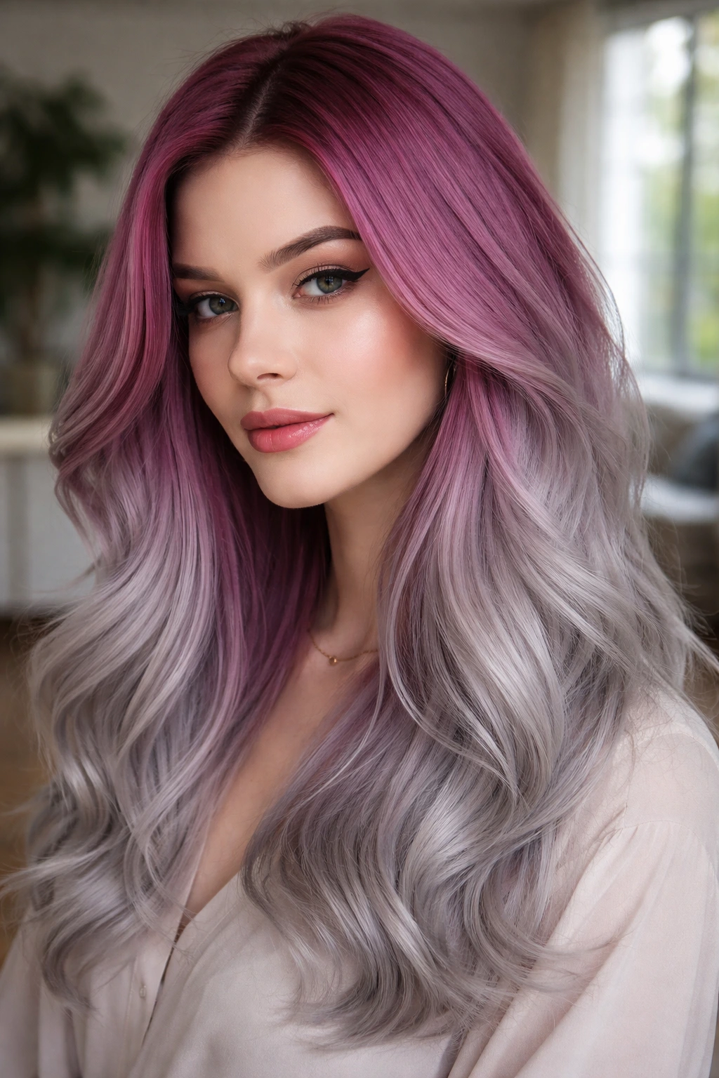 Close-up of berry-pink roots fading to frosted gray tips in a real person