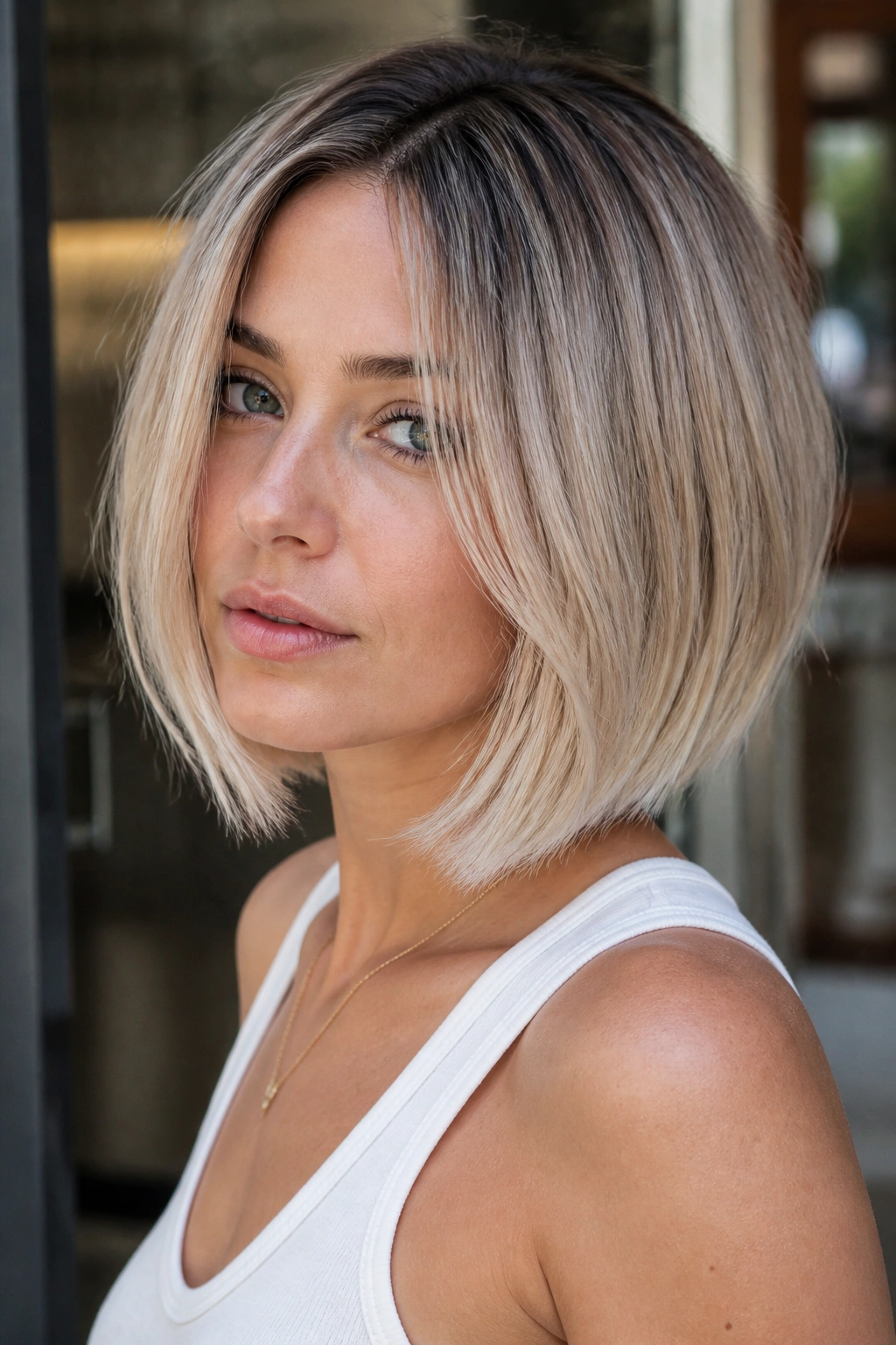 Portrait of a real woman with frosted blonde bob long grow-out showing structured color