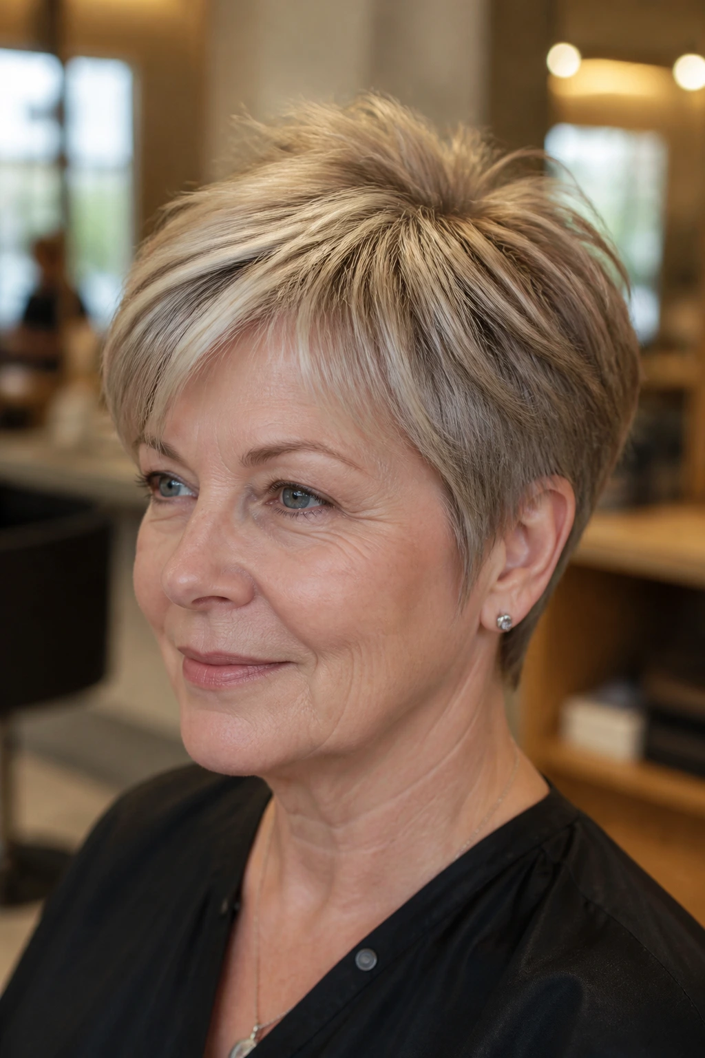 Close-up portrait of a real woman with short hair featuring frosted crown highlights for lift.