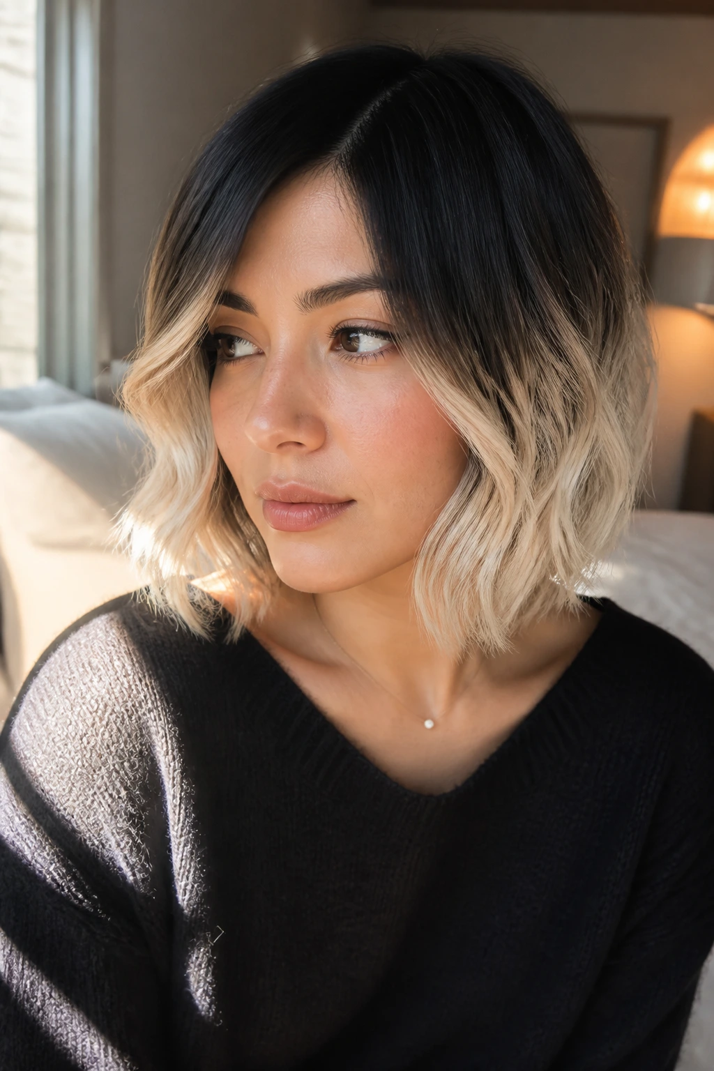 Close-up of a woman with black roots and frosted blonde ends, jaw-length waves
