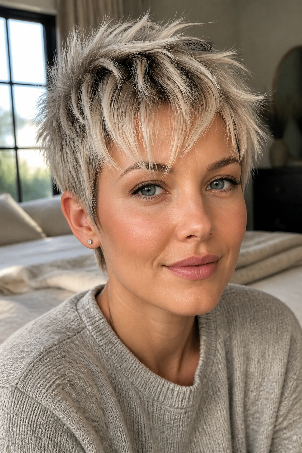 Close-up portrait of a real woman with frosted blonde piecey pixie in window light