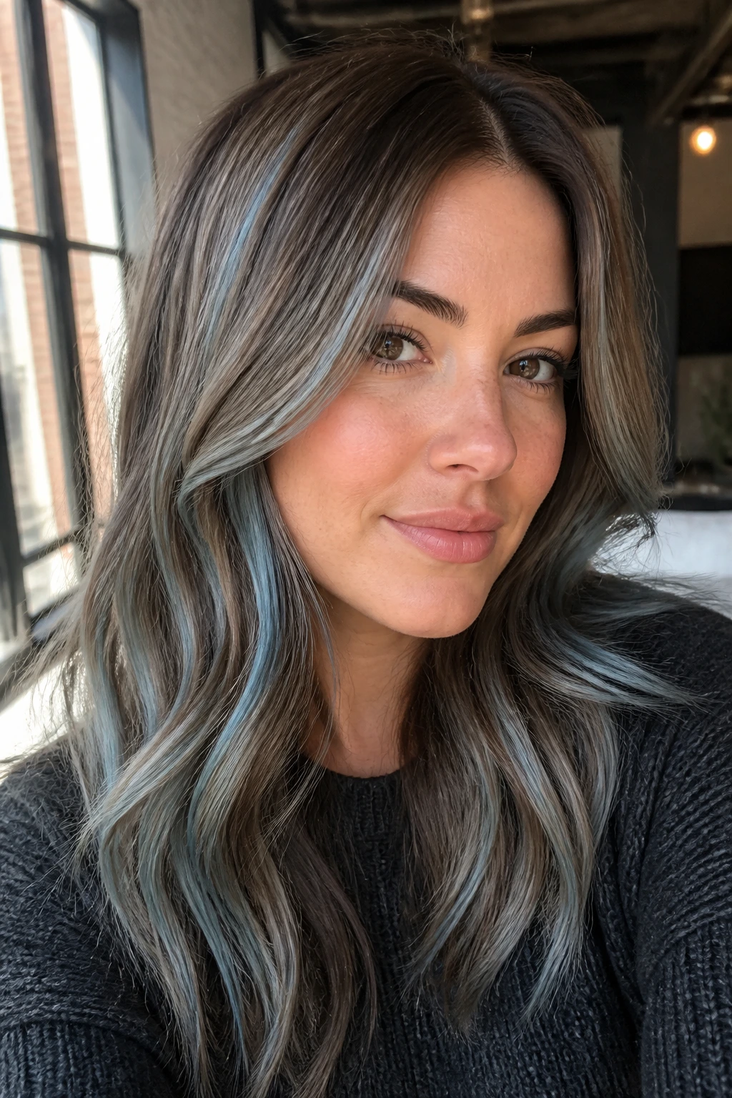 Ash brown hair with frosted steel-blue highlights