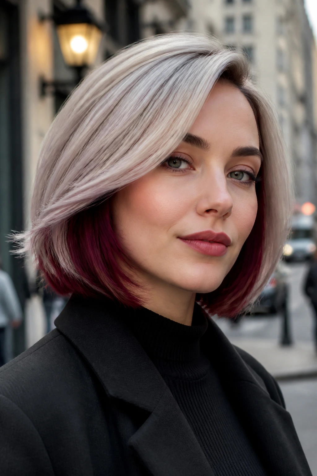 Real woman with frosted bob and burgundy underlayer