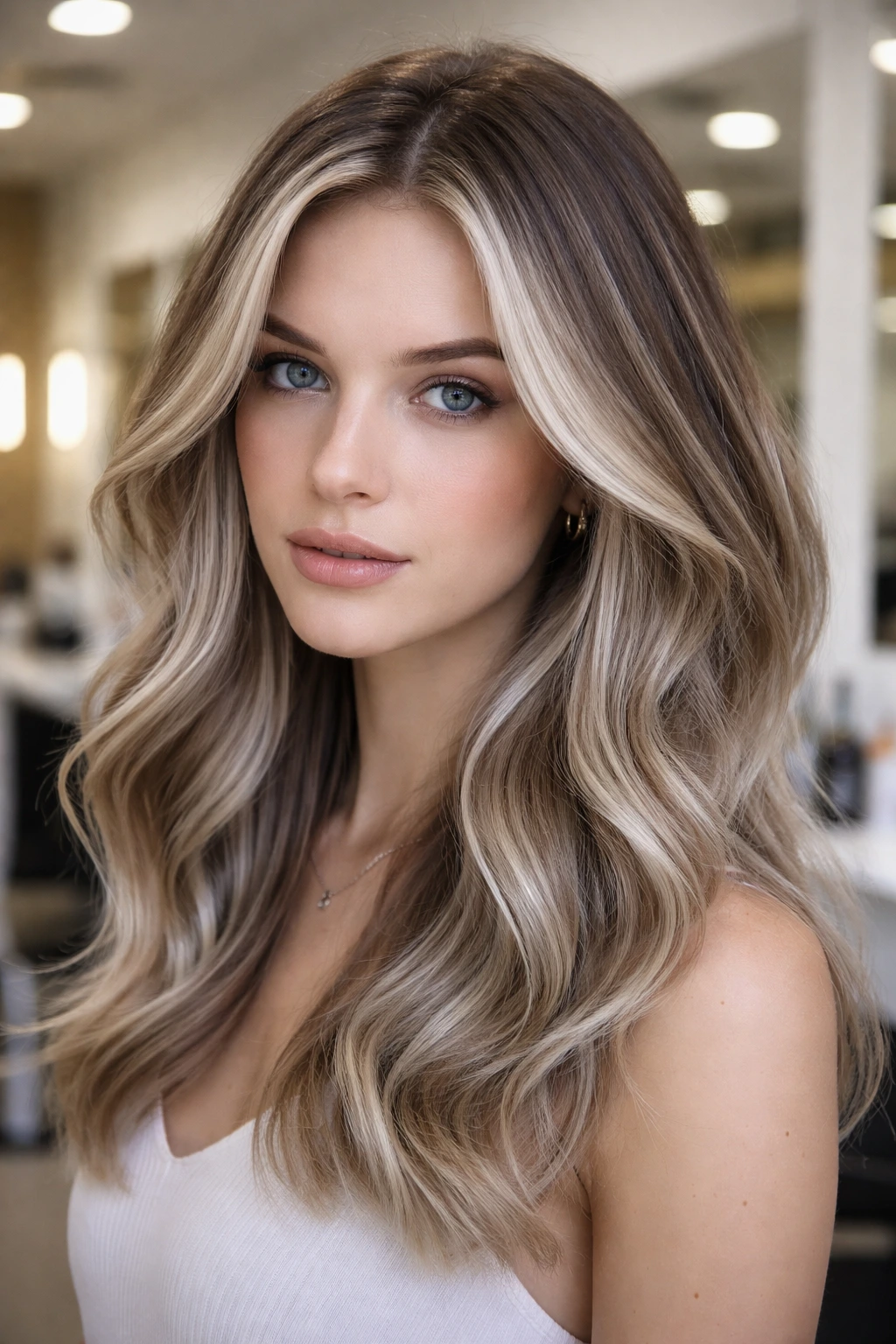 Close-up of real woman with frosted bronde highlights on cool skin
