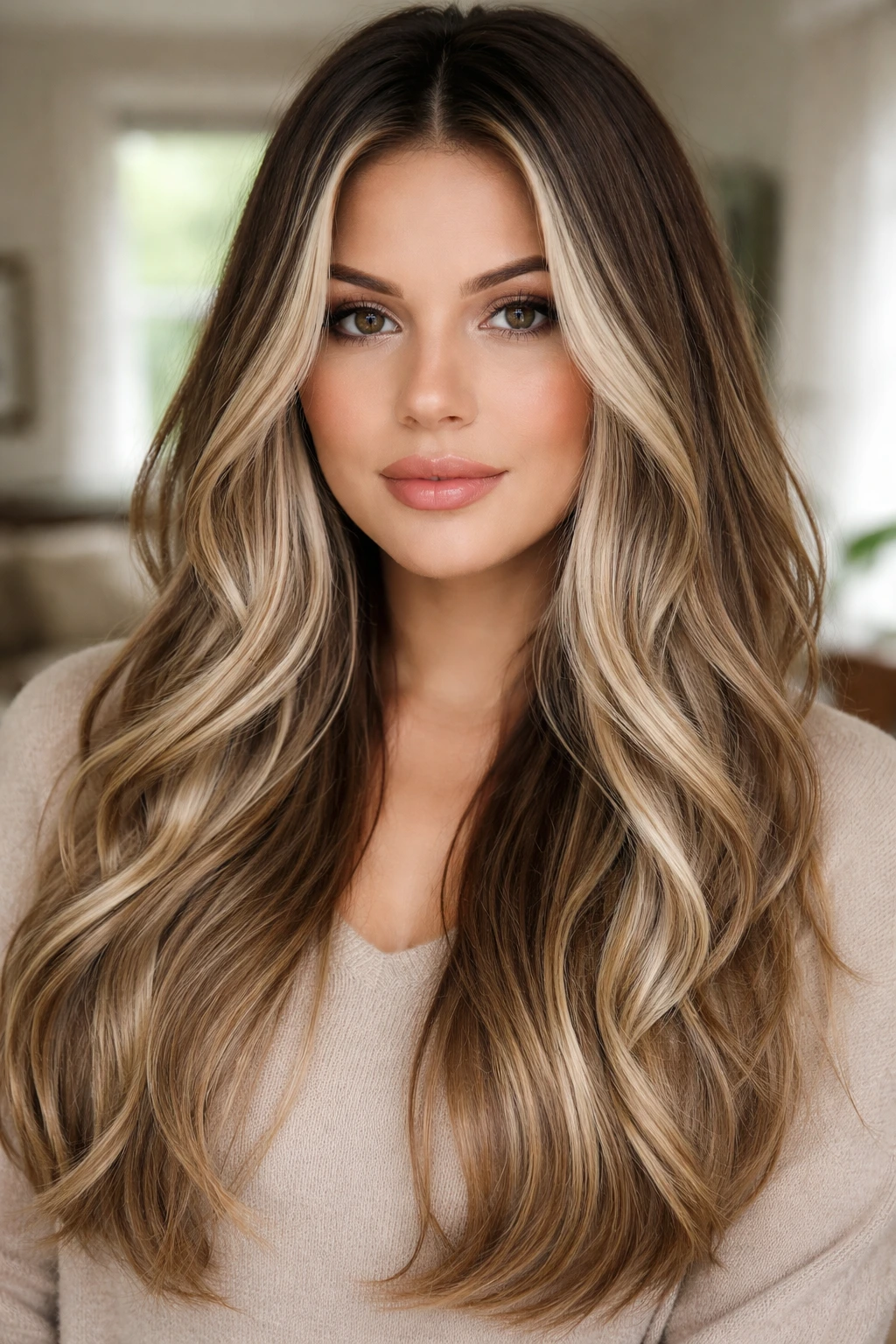 Portrait of a real woman with frosted bronde and icy ribbons in wintery-toned hair.