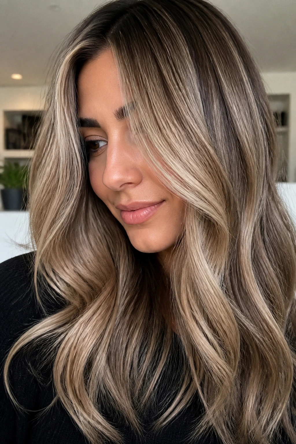 Close-up portrait of a woman with frosted bronde and soft neutral finish