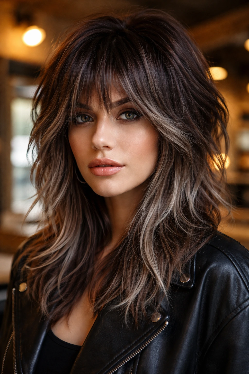 Close-up of a real woman with frosted silver highlights on a brown shag hairstyle.