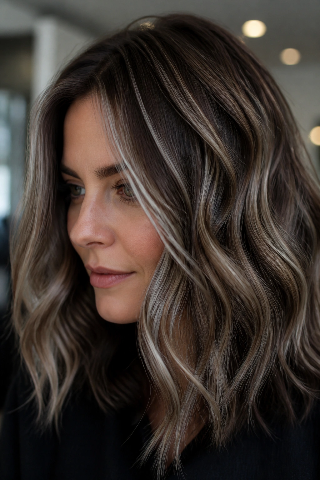 Portrait of brown hair with frosted grey balayage in soft waves