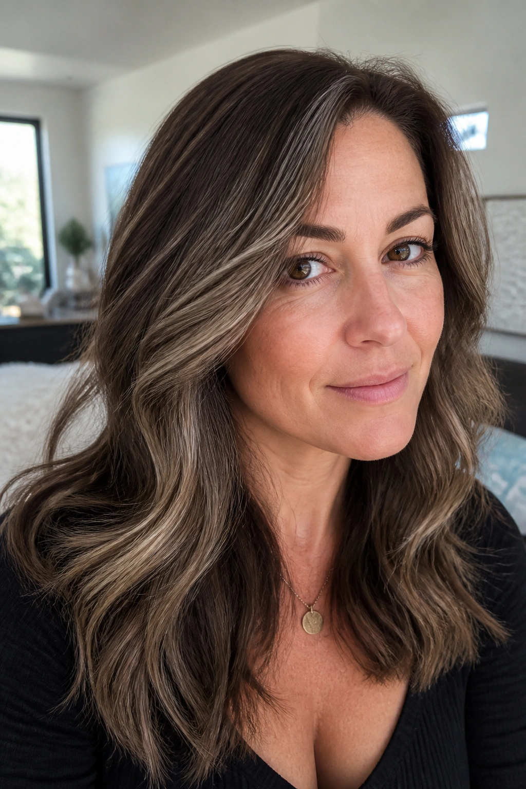 Close-up portrait of a real woman with frosted brunette blend