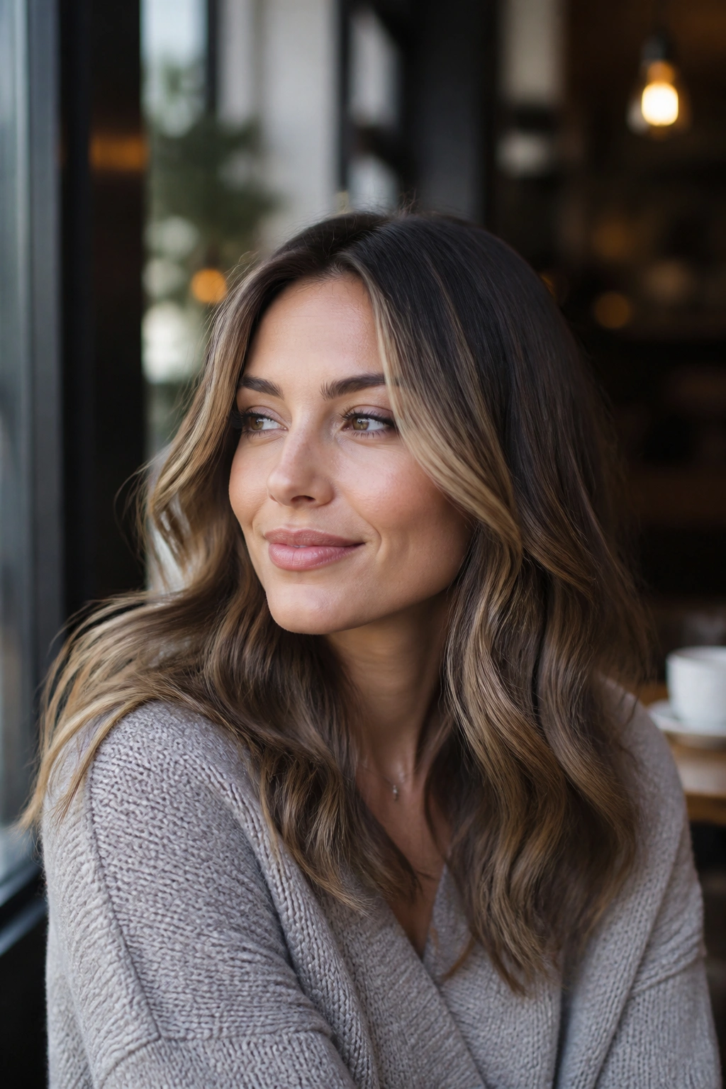 Close-up of real woman with frosted brunette base and honey accents around the face