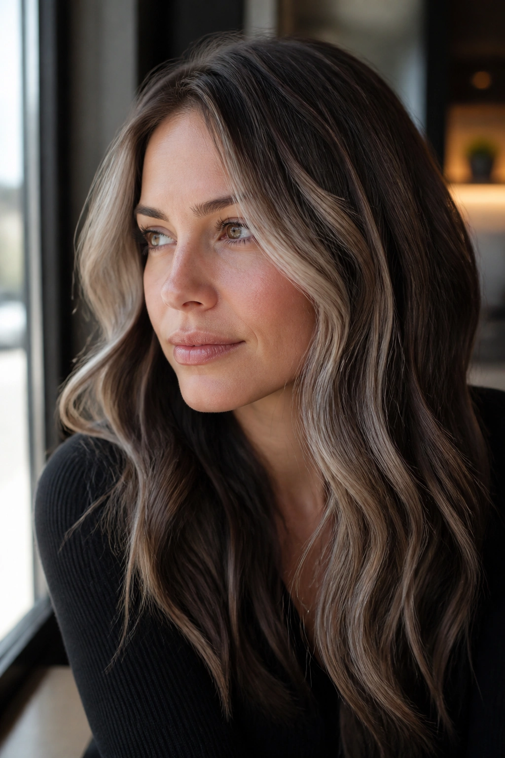 Close-up of frosted brunette ribbons through a brunette base on a real woman