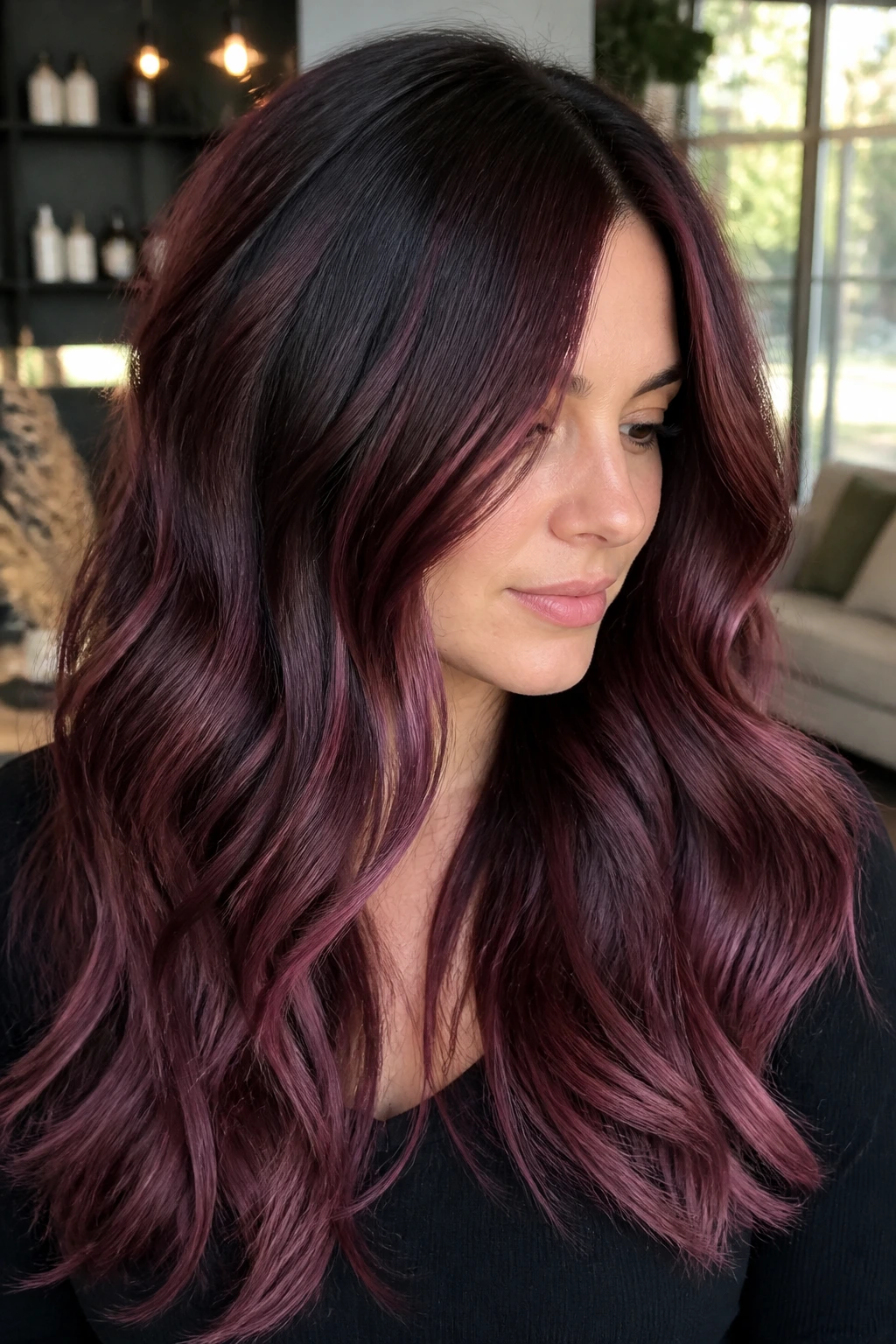 Close-up portrait of frosted burgundy melt on hair with cool-toned base