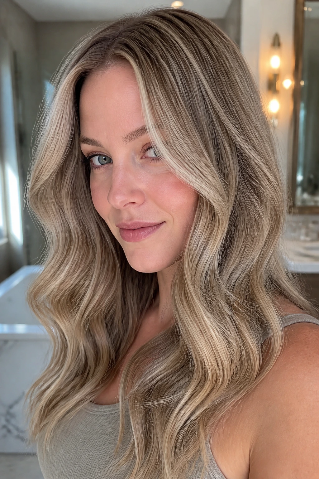 Close-up portrait of a real woman with frosted caramel blonde hair and silver-beige gloss.