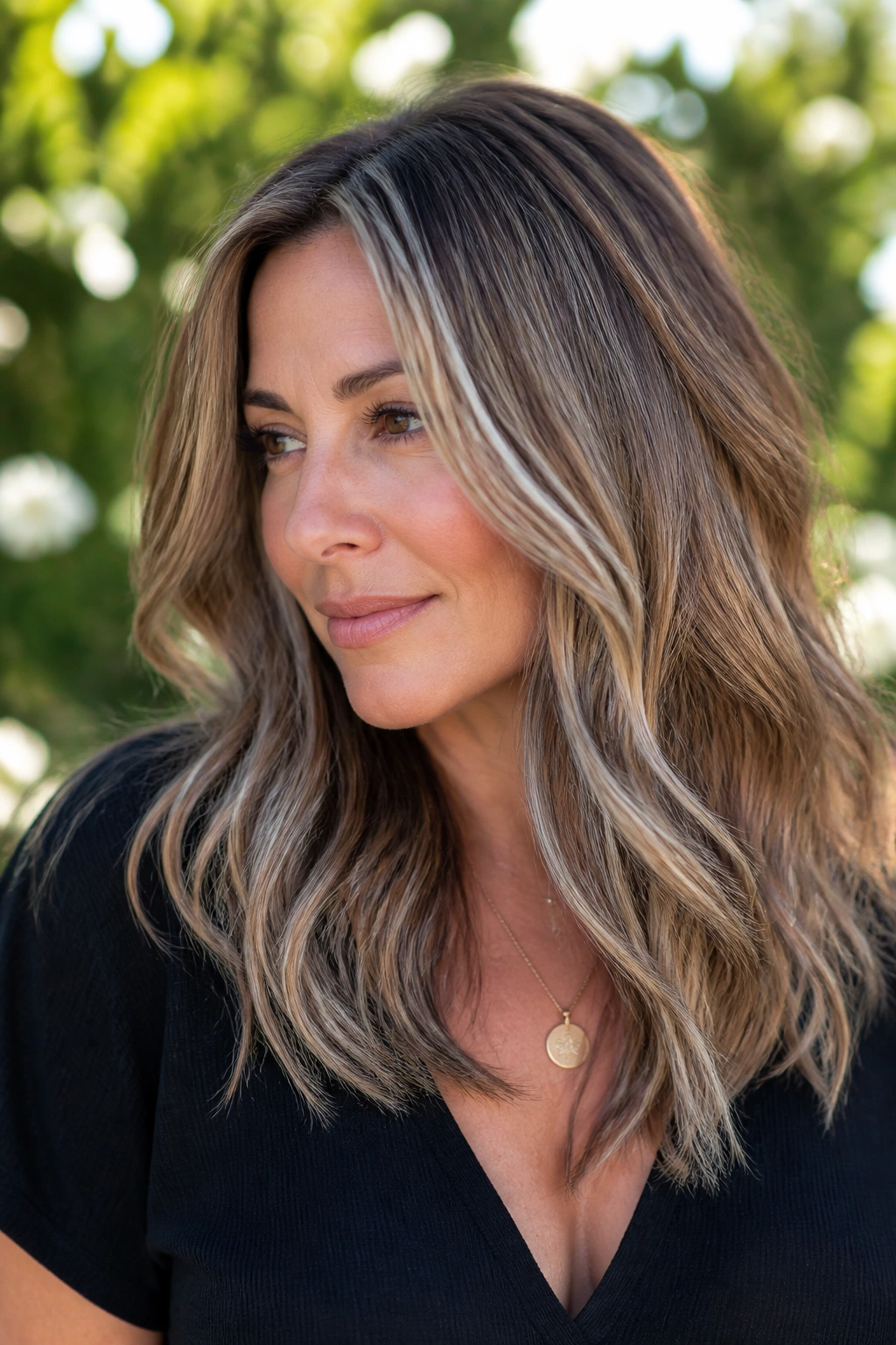 Close-up portrait of woman with frosted caramel brunette and gray ribbons