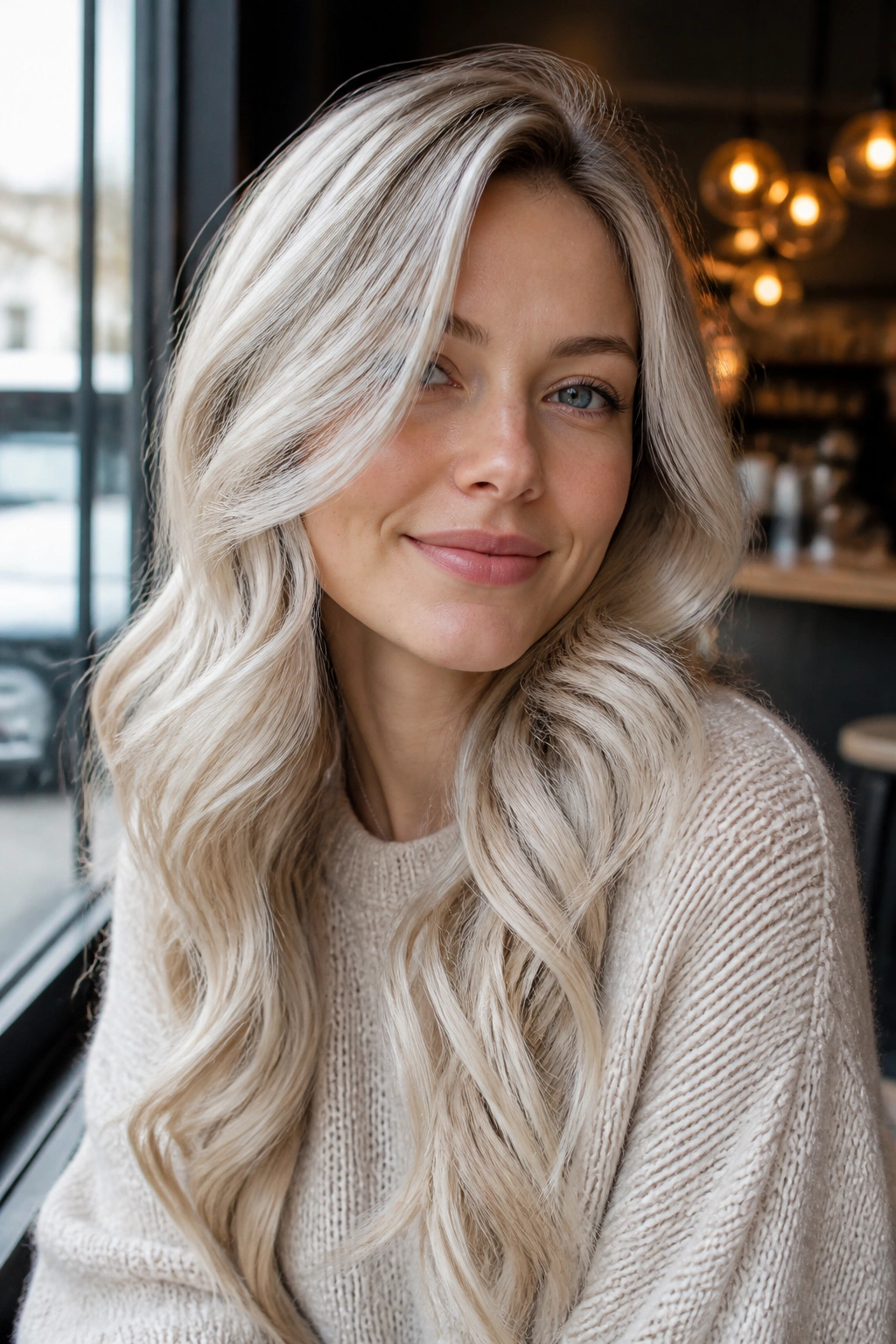 Close-up portrait of a woman with frosted champagne blonde under soft cafe light
