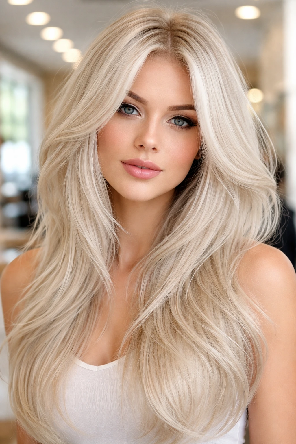 Close-up of a real person with frosted champagne hair in a bright salon.