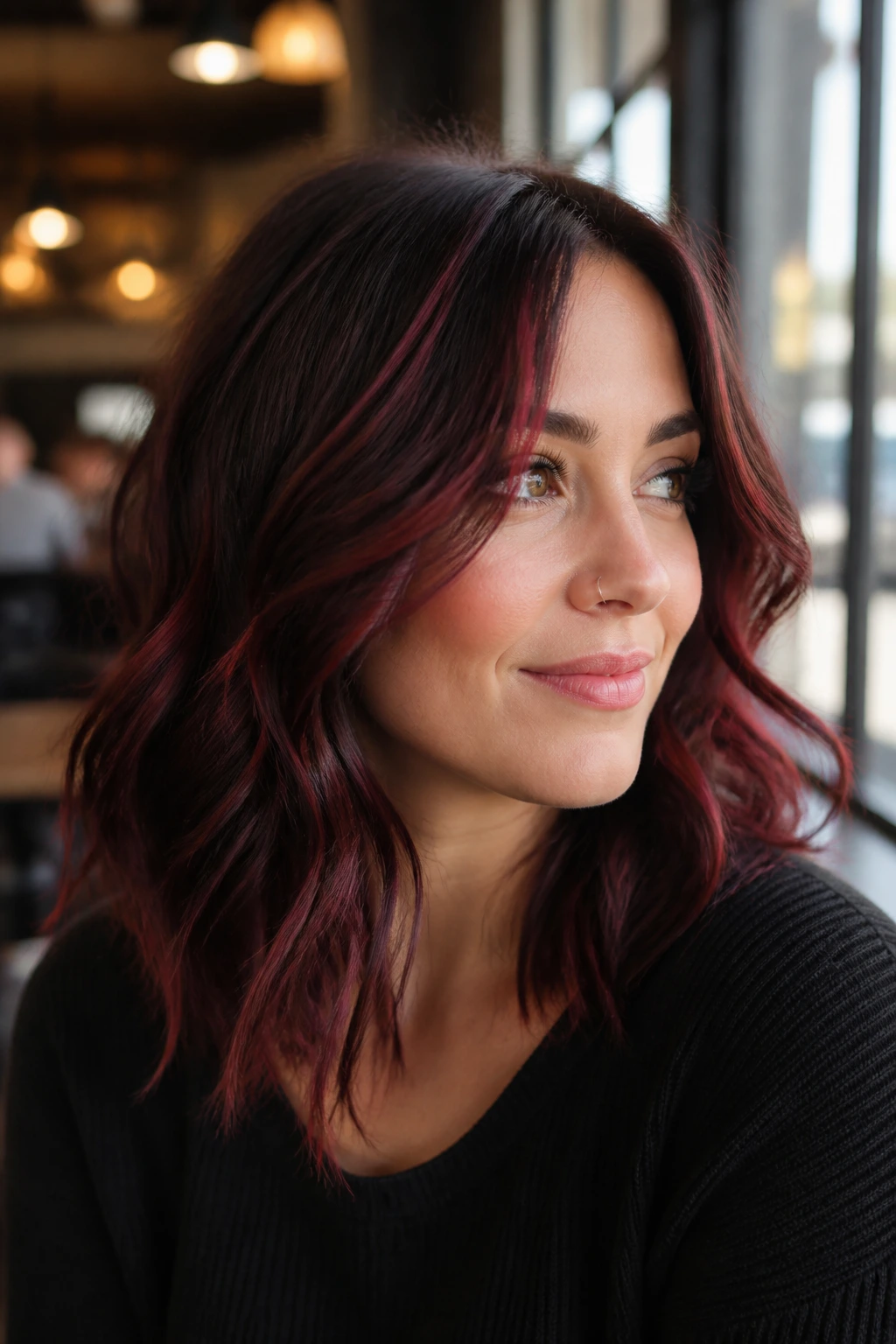 Close-up of a real woman with frosted cherry highlights framing the face.