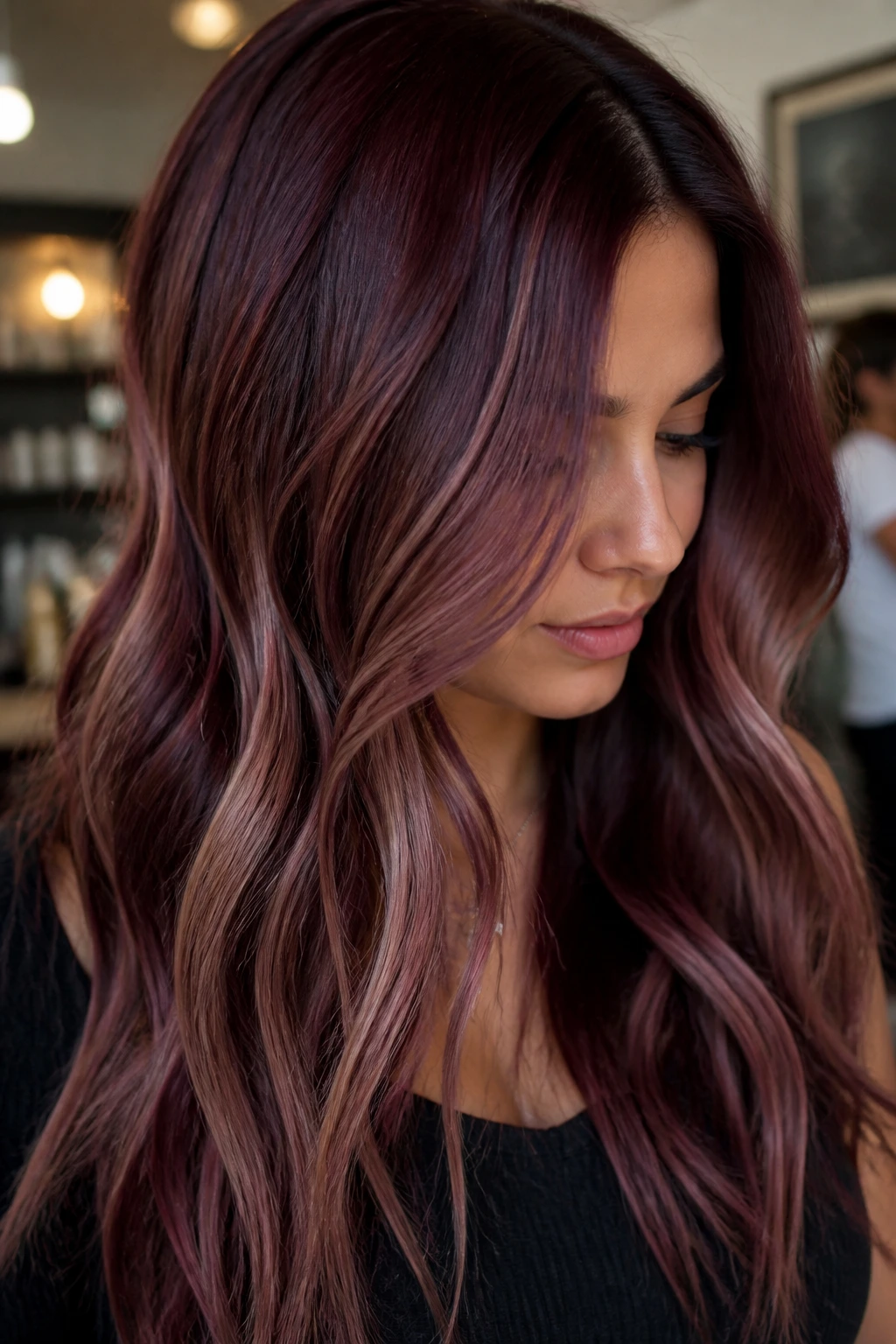 Long hair with frost cherry wine balayage on a real person