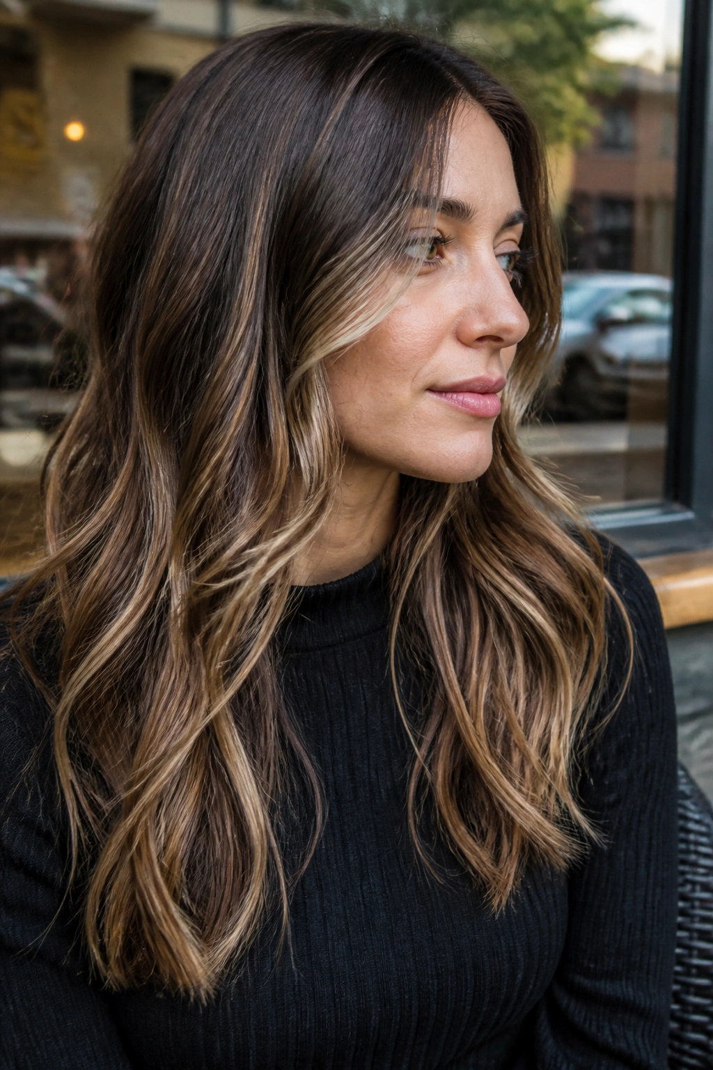 Portrait of a woman with frosted chestnut balayage in natural light