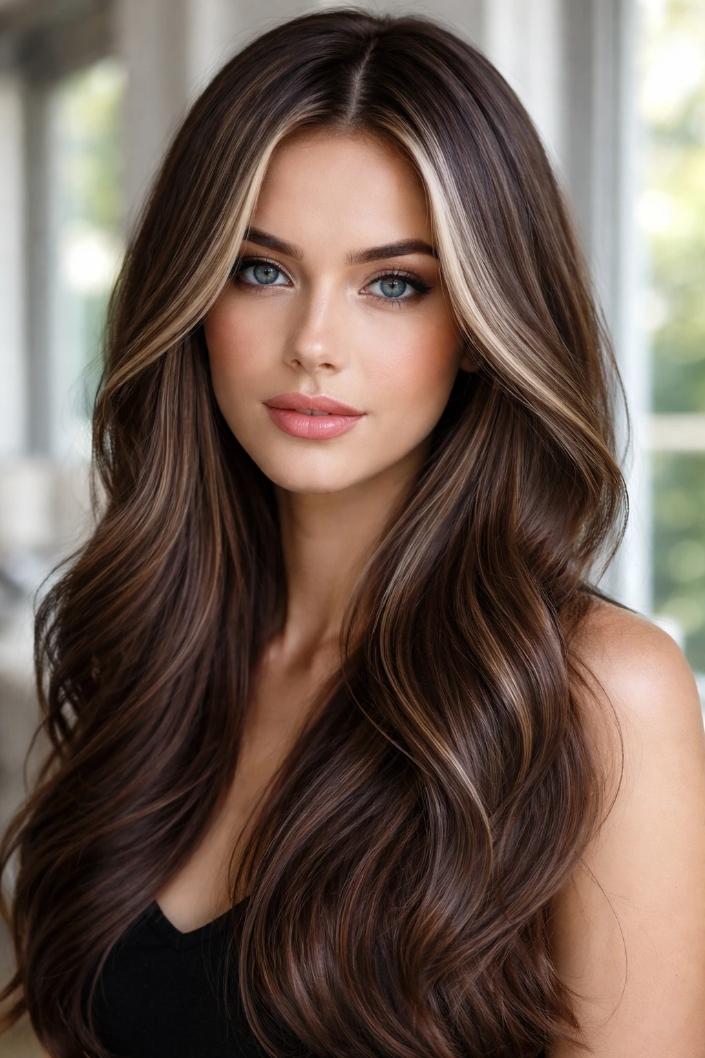 Close-up of person with frosted chocolate brown hair featuring icy highlights