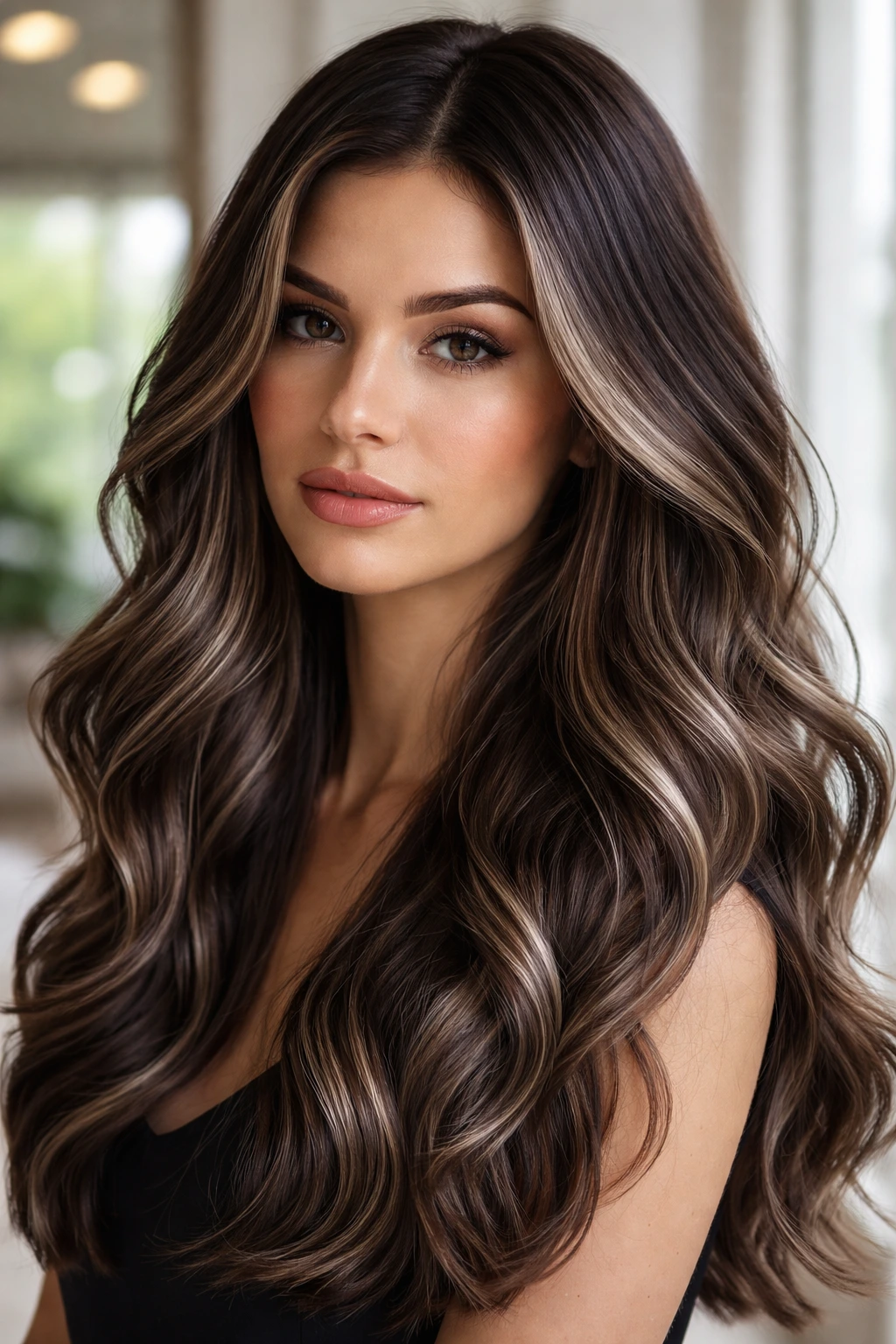 Close-up portrait of Frosted Cocoa Balayage hair with icy highlights