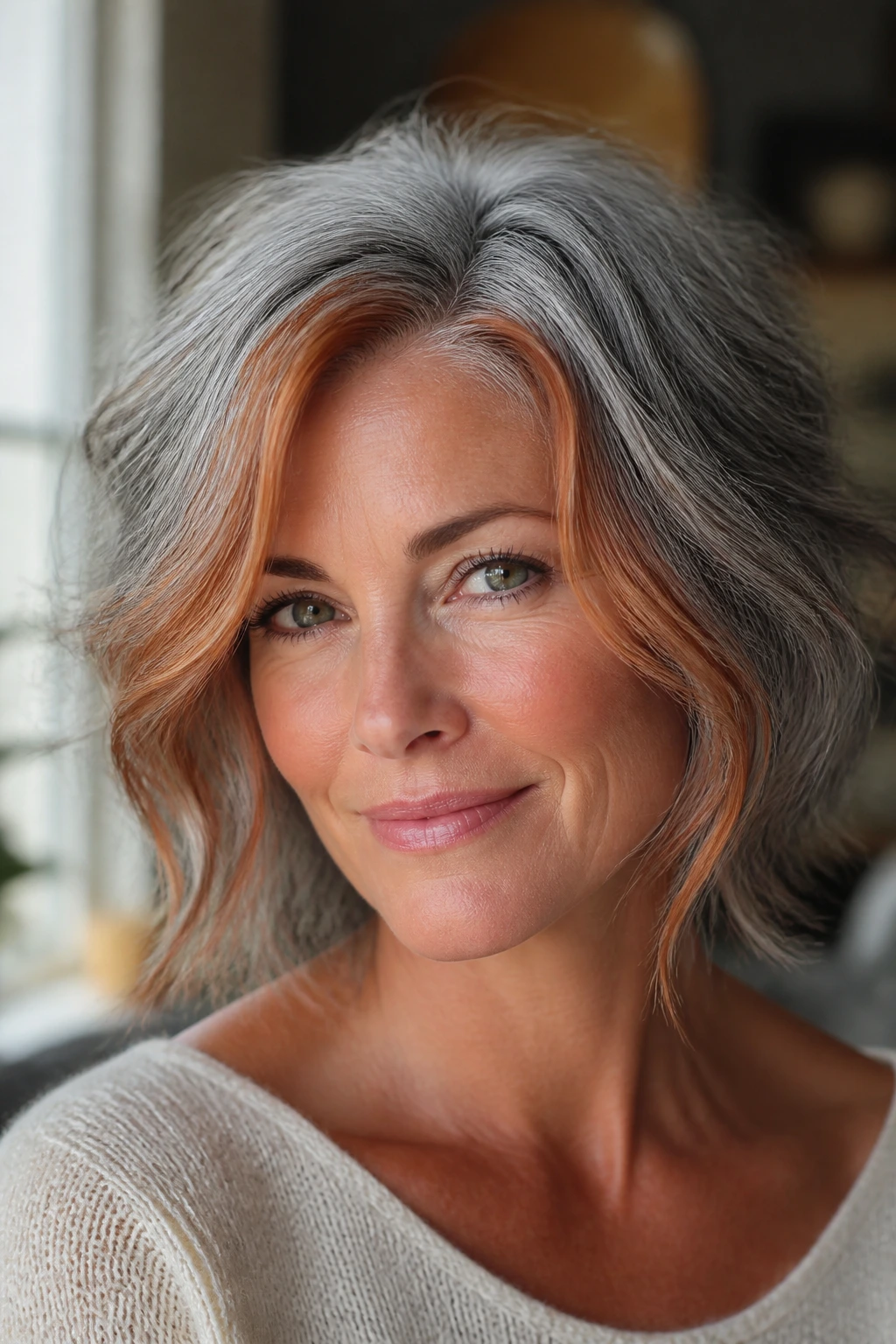 Close-up portrait of a woman with frosted copper framing the face and gray hair throughout