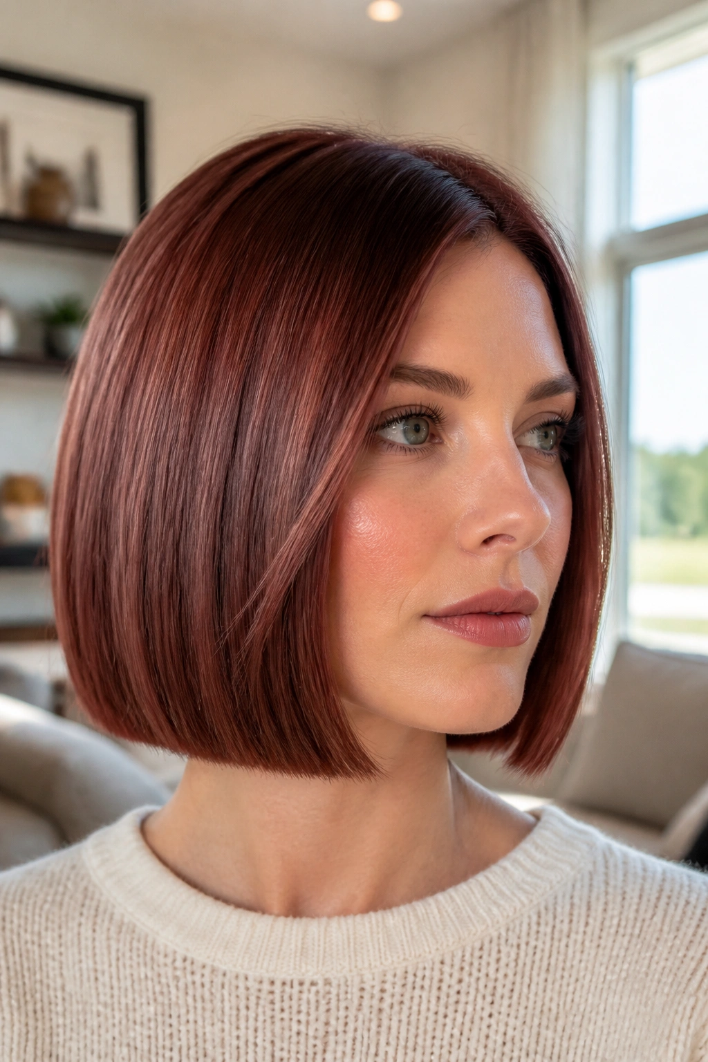 Close-up of a real woman with a Frosted Copper Mahogany Bob on cool skin tones