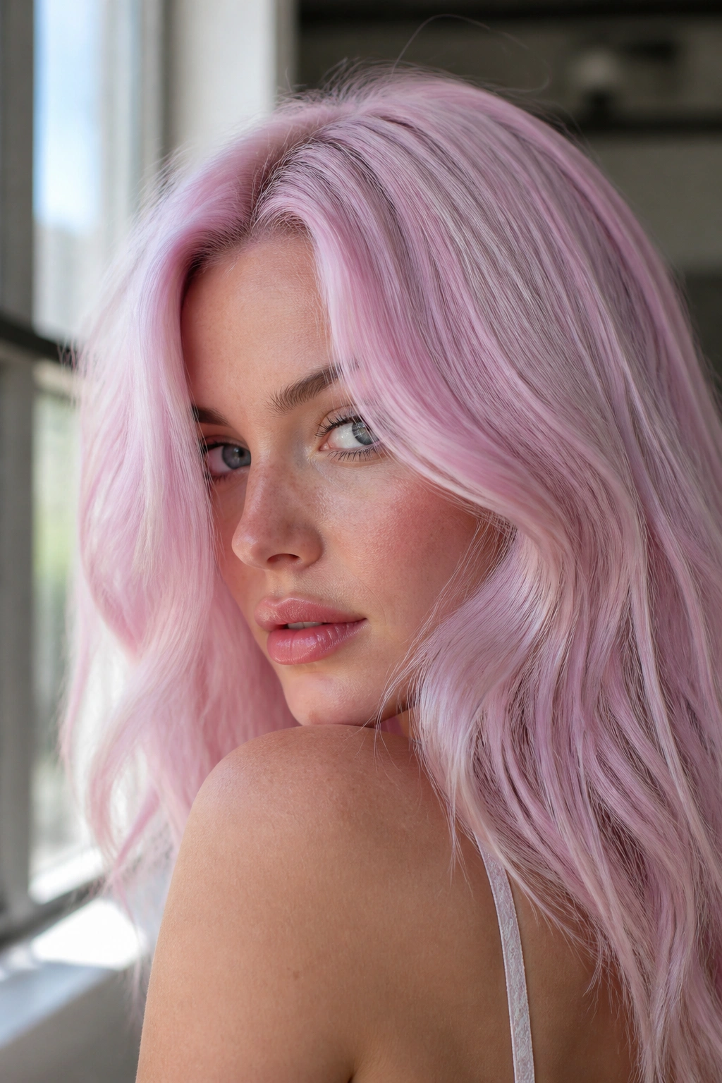 Close-up portrait of a real woman with frosted cotton candy pink hair under soft daylight.