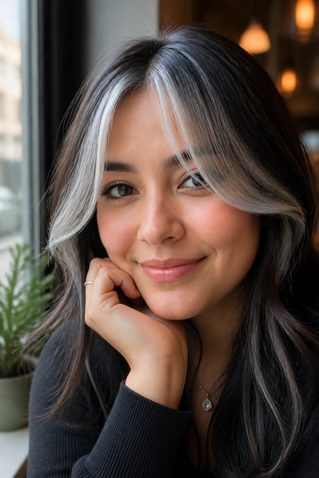 Close-up of round-faced person with frosted curtain bangs and silver highlights