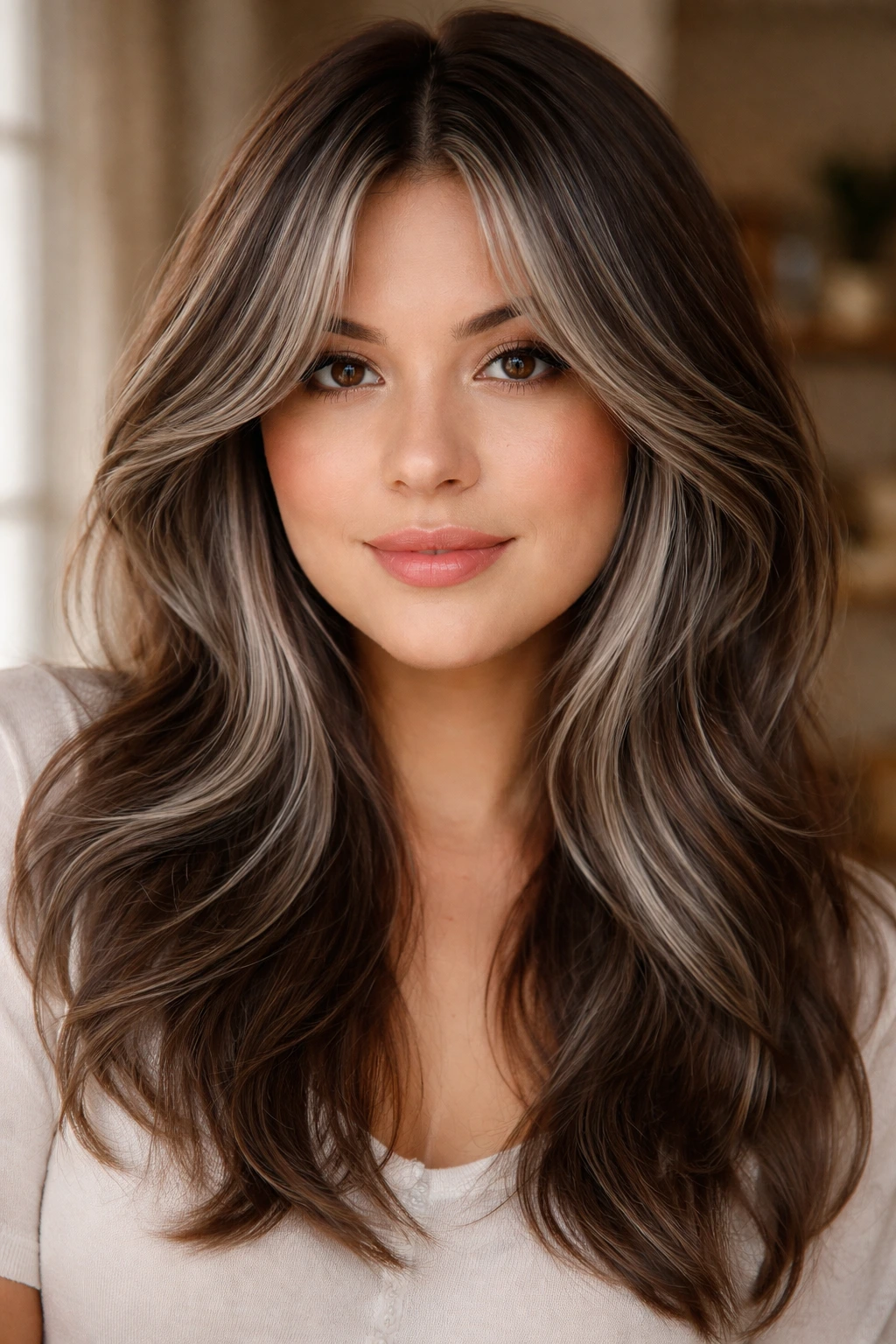 Real person with frosted curtain bangs and grey highlights