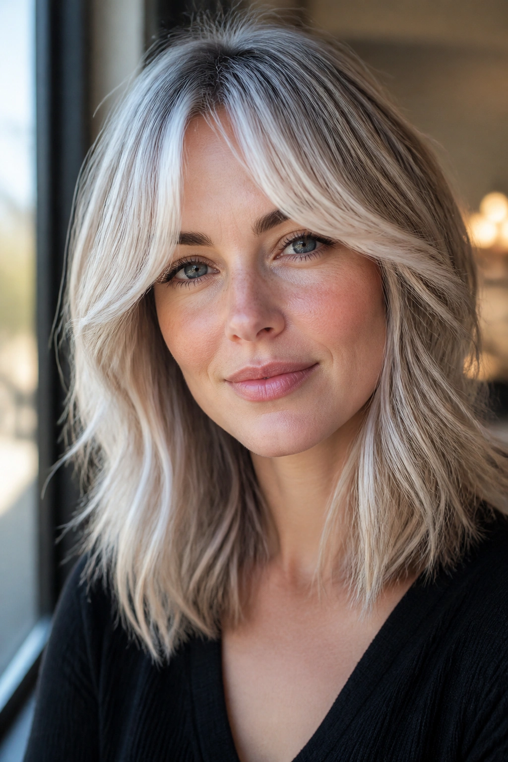 Portrait of a woman with frosted curtain bangs on mid-length hair