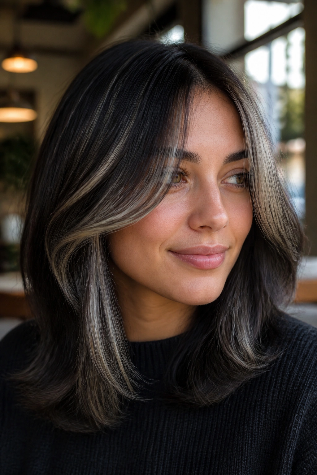 Close-up of real person with frosted curtain bangs and smoky ends