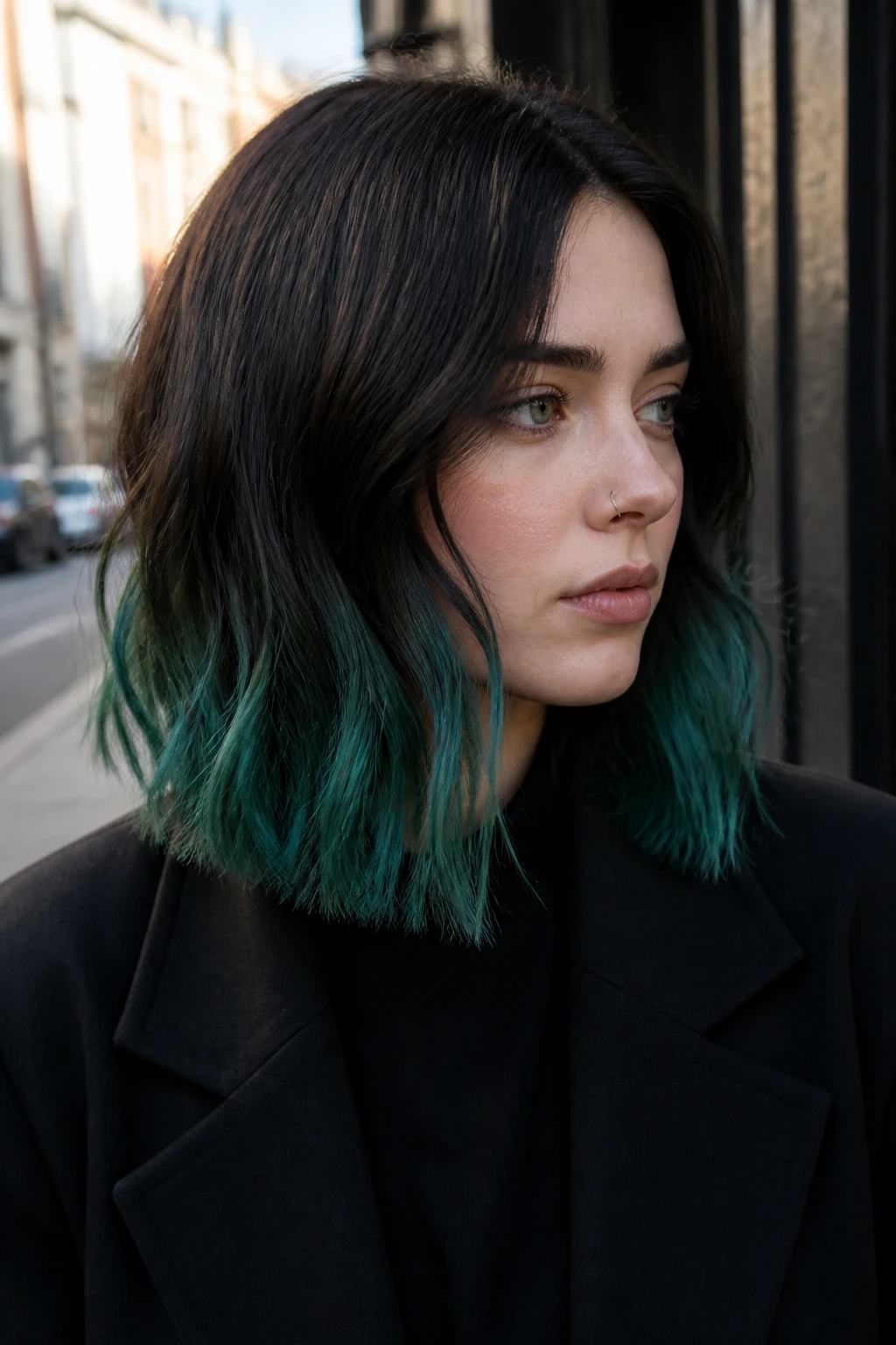 Close-up portrait of a real person with frosted emerald ends on a lob hairstyle
