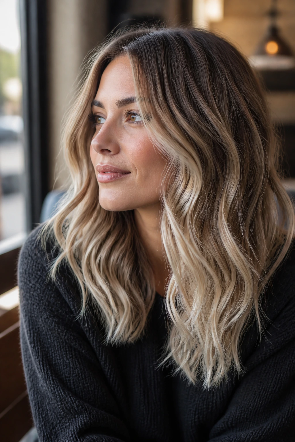 Close-up of a real woman's frosted ends blonde with cool-toned ends catching light