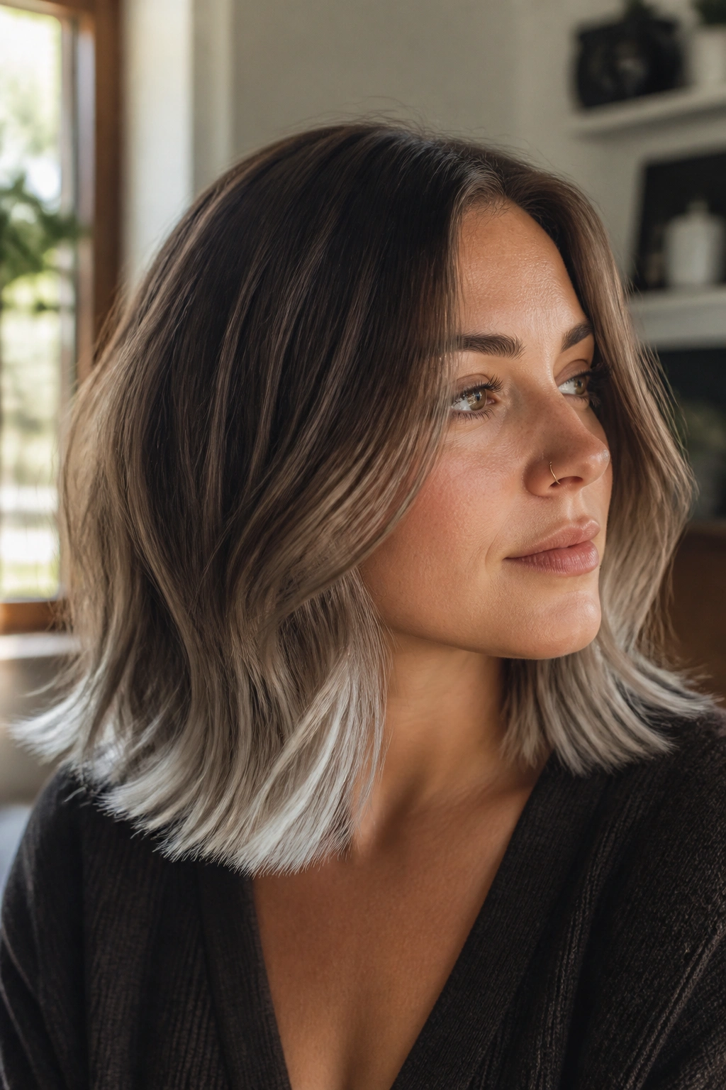 Close-up of brown hair with frosted silver ends catching warm window light.