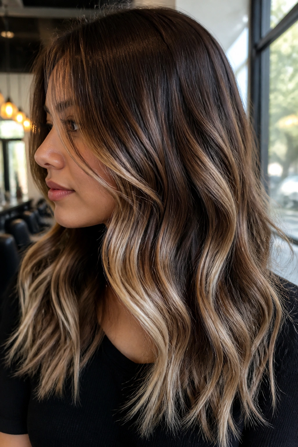 Close-up of chestnut brown hair with frosted ends on a real person.