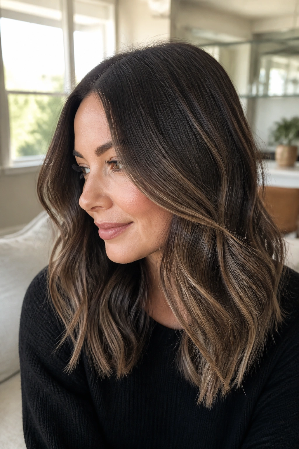 Close-up portrait of a person with frosted espresso balayage