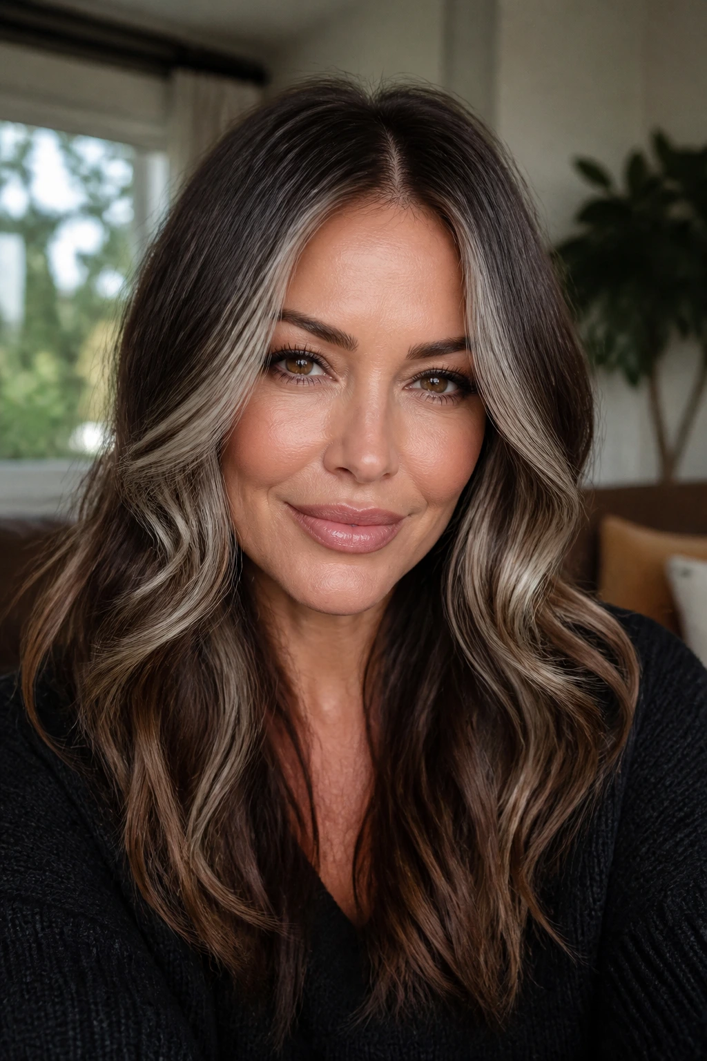 Real woman with warm brunette hair and frosted gray face frame around the cheeks