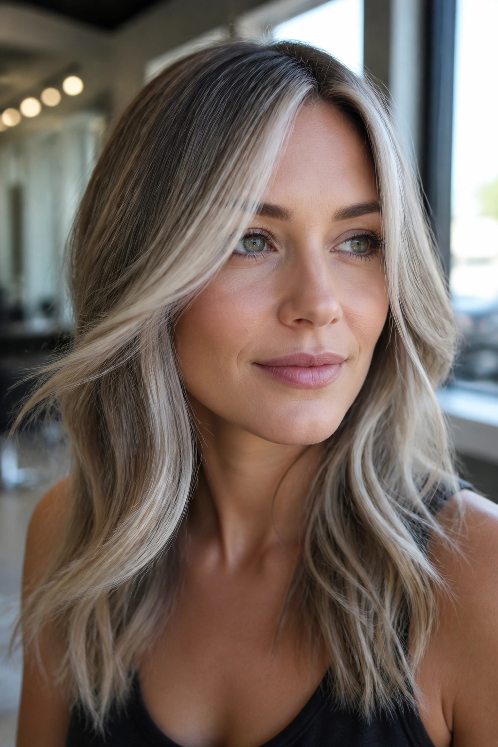 Real woman with frosted face-framing layers near the cheekbones, in bright salon light.