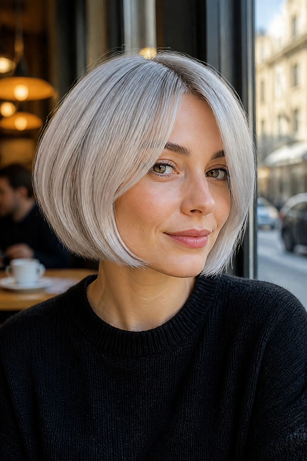 Close-up portrait of a real woman with a frosted French bob
