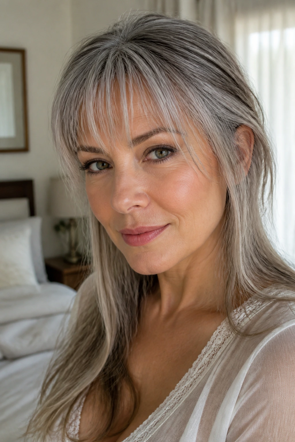 Close-up portrait of a real woman with a frosted fringe and airy bangs in natural window light