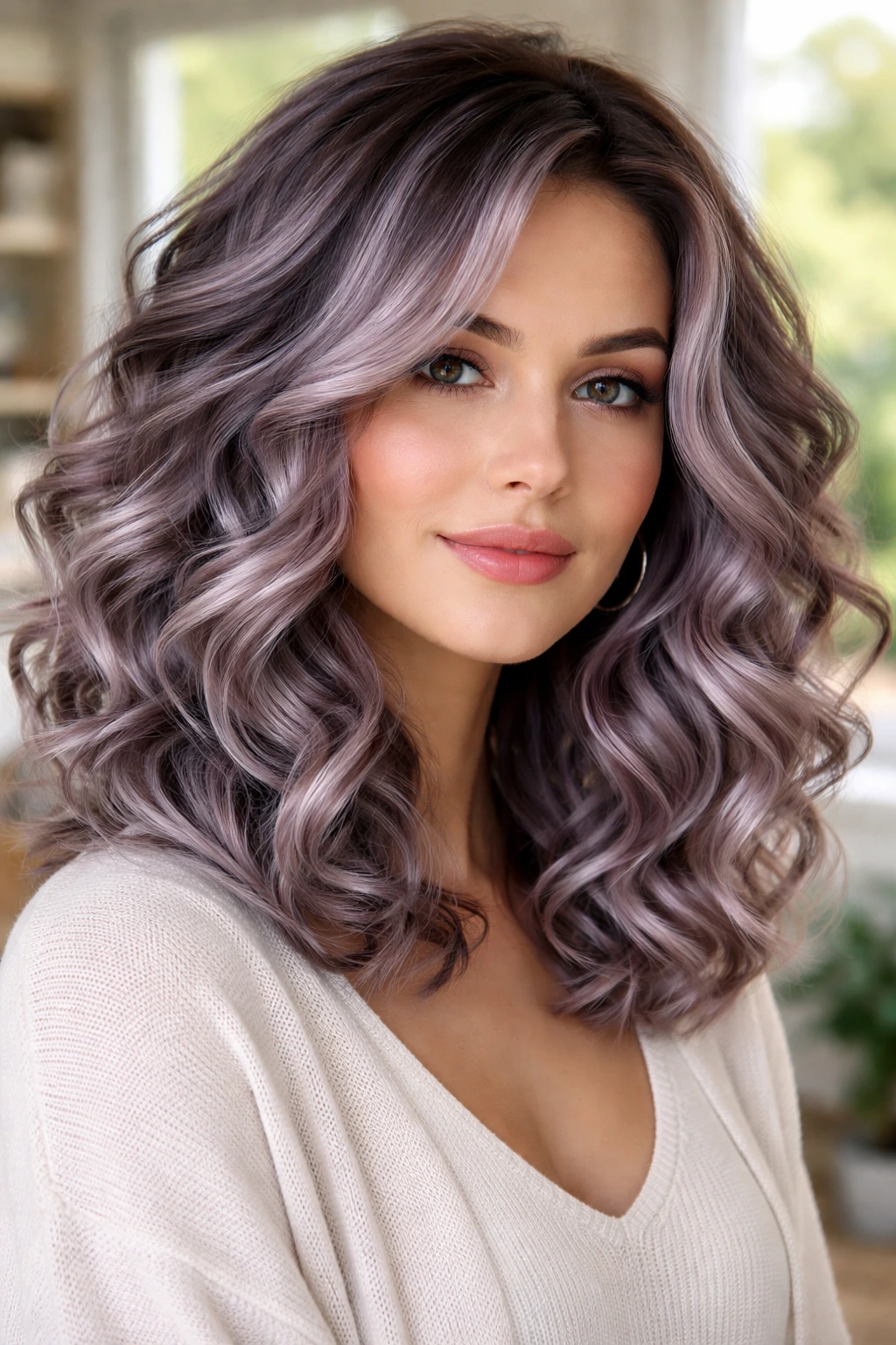 Close-up of curly hair with frosted grape balayage featuring grape and silver ribbons.