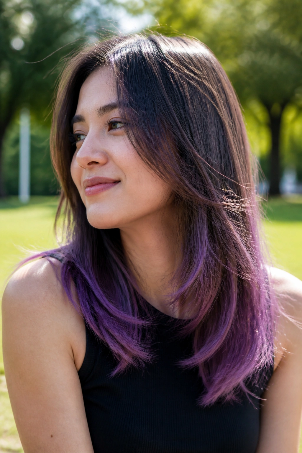 Portrait of a person with frosted grape ends on layered hair.