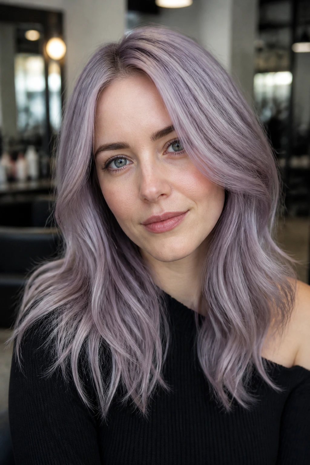 Close-up of a woman with frosted grape glaze hair in cool silver-violet tones