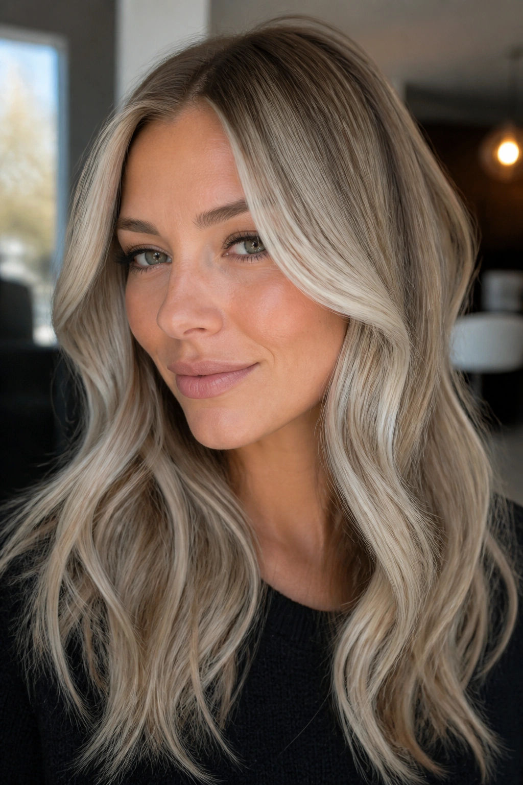 Portrait showing fine frosted face-framing highlights around the cheekbones and temples.